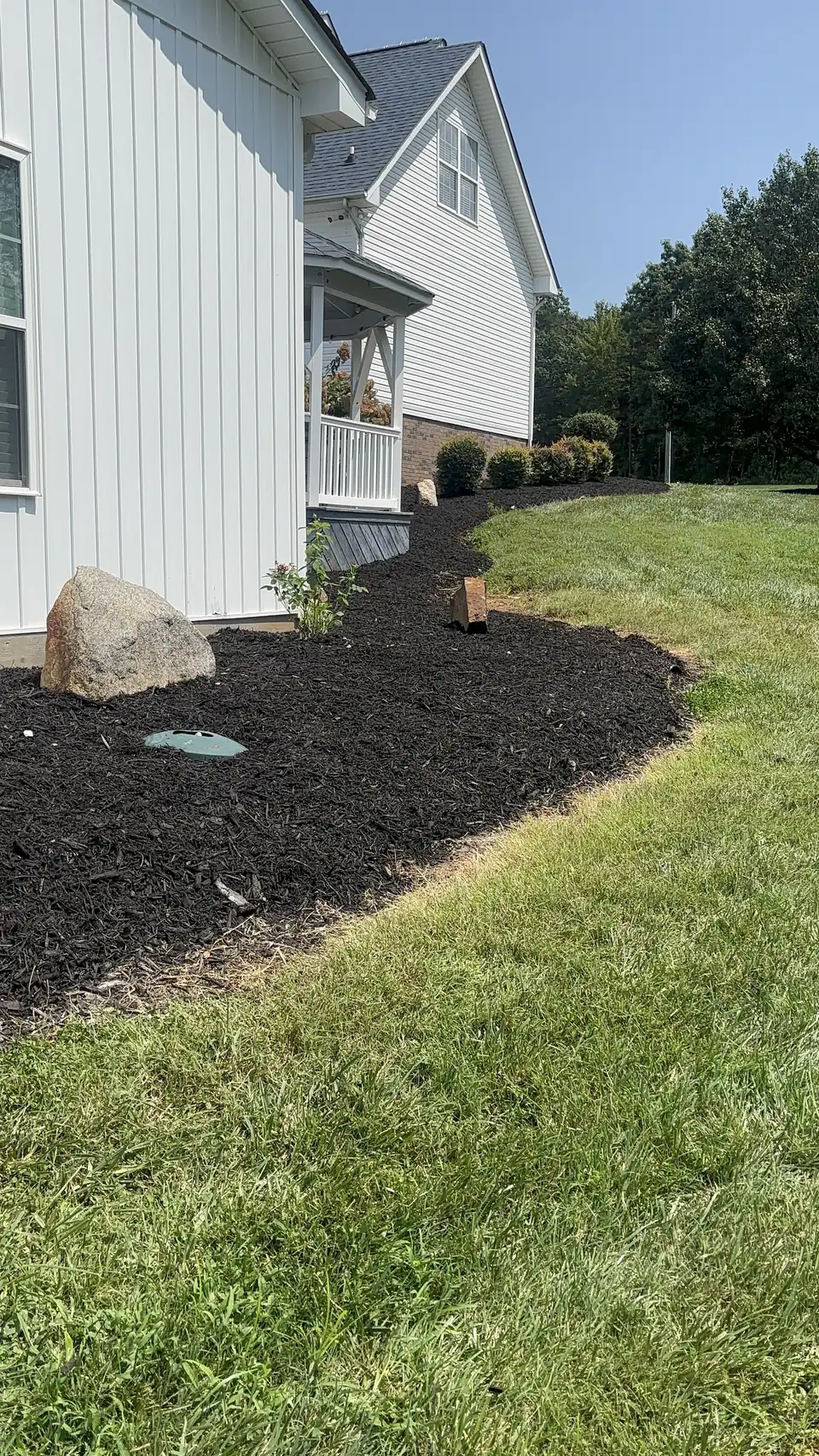 Curved mulch bed with a boulder