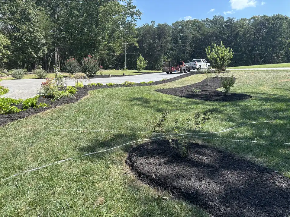New plantings and mulch beds along a drive