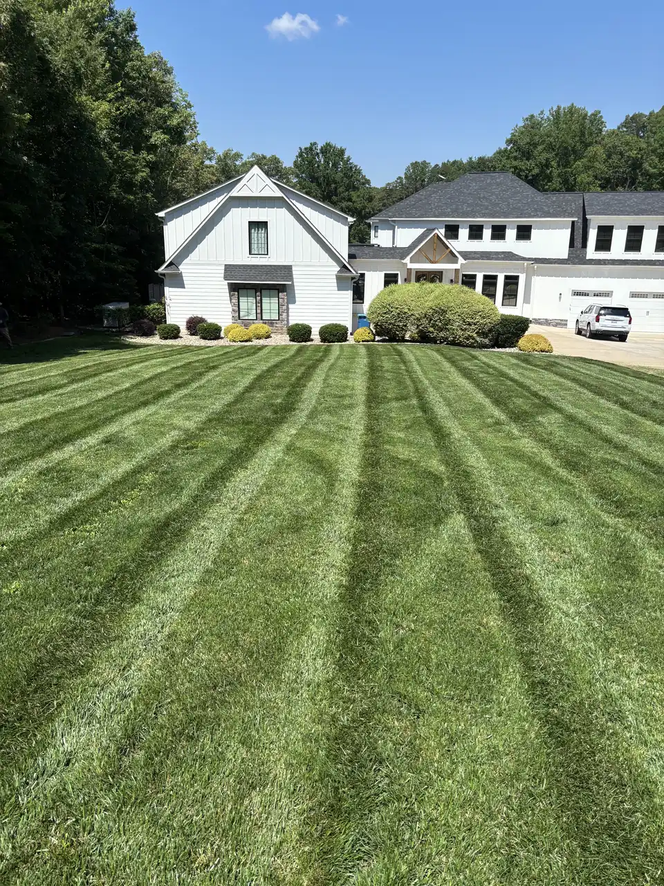 Freshly striped lawn in front of a white two-story house